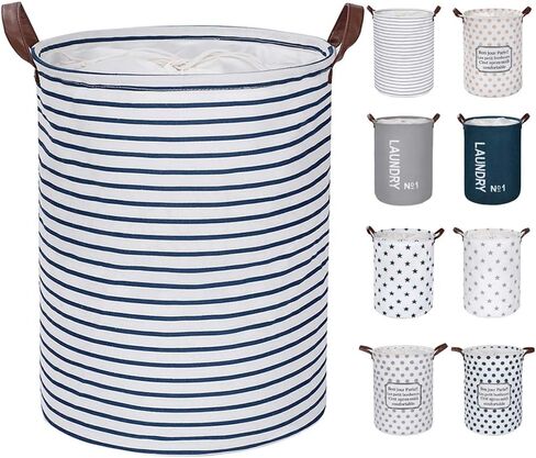 Large Laundry Hamper, Removable Laundry Basket, foldable fabric laundry basket, drawstring waterproof round cotton linen storage basket. (Blue Strips, 17.7"/Medium) in Kuwait
