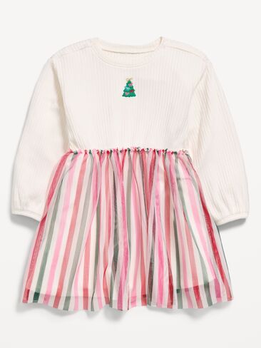 Old Navy Long-Sleeve Ribbed Graphic Tutu Dress for Toddler Girls - Creme De La Creme in Kuwait