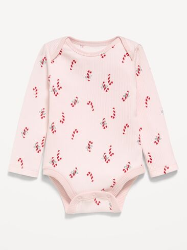 Old Navy Printed Long-Sleeve Ribbed Bodysuit for Baby - Candy Cane Print in Kuwait