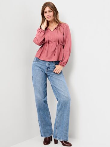 Old Navy Long-Sleeve Ruched Tie-Neck Top - ISLAND FLOWER in Saudi Arabia