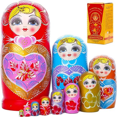 Russian Nesting Dolls Set 10 Pieces Matryoshka Wood Stacking Nested Set Heart Shape Girl Handmade Toys for Children Kids Christmas Birthday Halloween Wishing Gift in Saudi Arabia