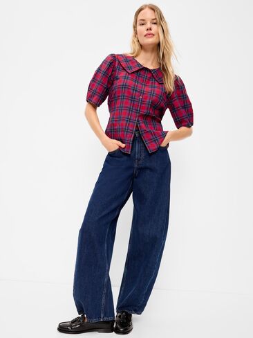 Old Navy Lapel Collar Short-Sleeve Button-Front Top - Red Plaid in Saudi Arabia
