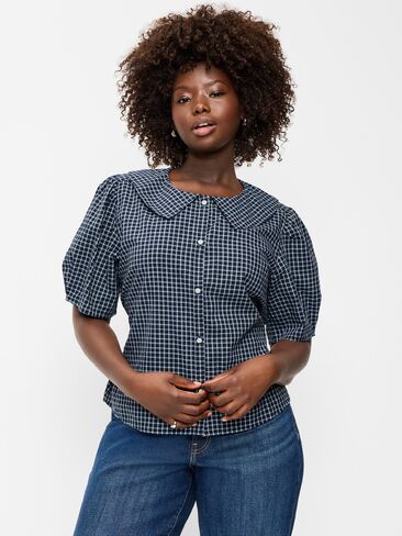 Old Navy Lapel Collar Short-Sleeve Button-Front Top - Navy Plaid in Saudi Arabia