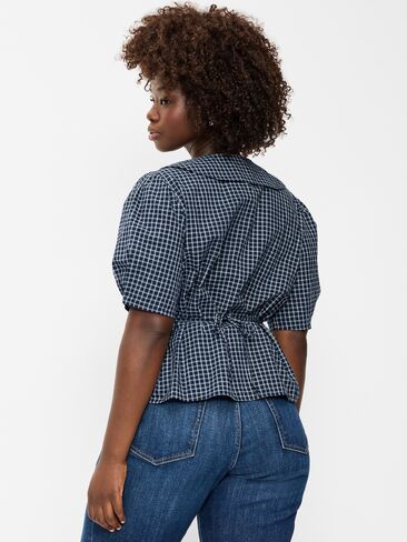 Old Navy Lapel Collar Short-Sleeve Button-Front Top - Navy Plaid in Saudi Arabia