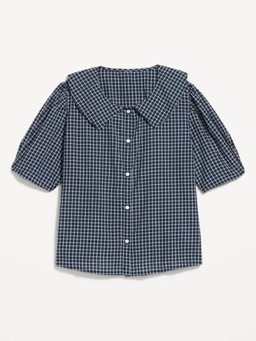 Old Navy Lapel Collar Short-Sleeve Button-Front Top - Navy Plaid in Saudi Arabia
