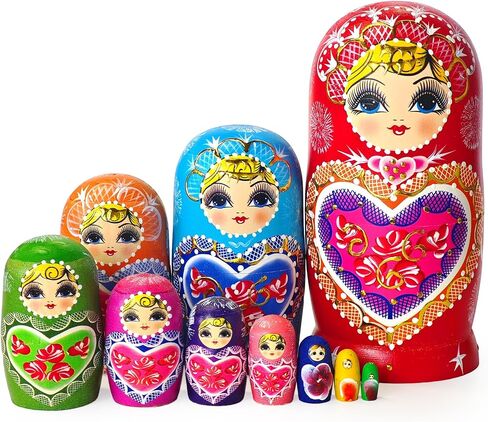 Russian Nesting Dolls, Colorful Heart Wooden Set, 10 Pcs in Saudi Arabia