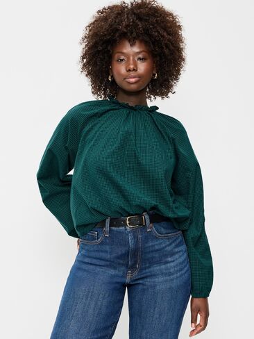 Old Navy Long-Sleeve Ruffle-Neck A-Line Top - Small Green Plaid in Saudi Arabia