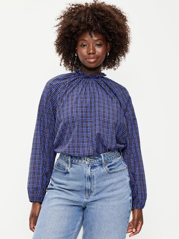 Old Navy Long-Sleeve Ruffle-Neck A-Line Top - Bold Blue Plaid in Saudi Arabia