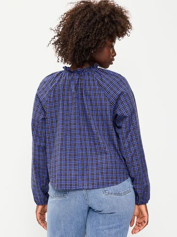 Old Navy Long-Sleeve Ruffle-Neck A-Line Top - Bold Blue Plaid in Saudi Arabia