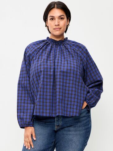 Old Navy Long-Sleeve Ruffle-Neck A-Line Top - Bold Blue Plaid in Saudi Arabia