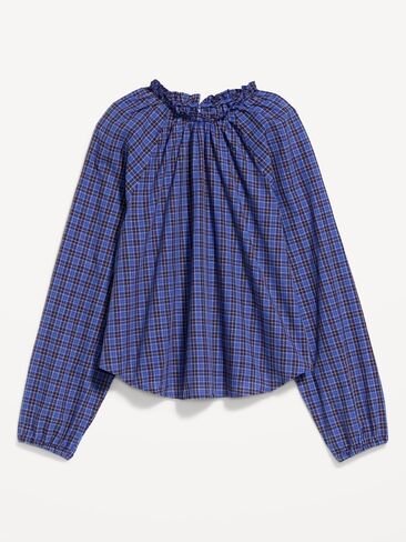 Old Navy Long-Sleeve Ruffle-Neck A-Line Top - Bold Blue Plaid in Saudi Arabia