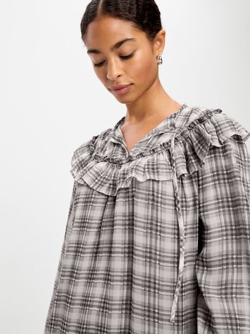 Old Navy Chiffon Ruffle Swing Mini Dress - Gray Plaid in Saudi Arabia