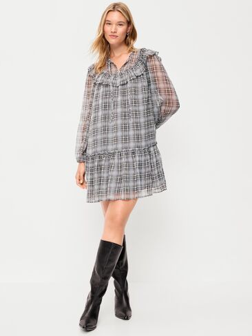 Old Navy Chiffon Ruffle Swing Mini Dress - Gray Plaid in Saudi Arabia