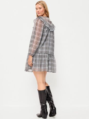 Old Navy Chiffon Ruffle Swing Mini Dress - Gray Plaid in Saudi Arabia