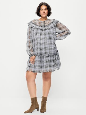 Old Navy Chiffon Ruffle Swing Mini Dress - Gray Plaid in Saudi Arabia