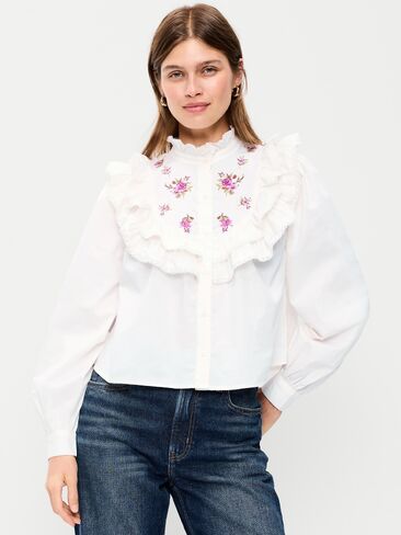Old Navy Long-Sleeve Embroidered Ruffle-Trim Button-Front Top - Sea Salt in Saudi Arabia