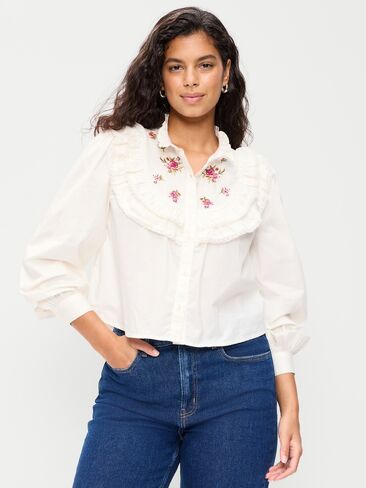 Old Navy Long-Sleeve Embroidered Ruffle-Trim Button-Front Top - Sea Salt in Saudi Arabia