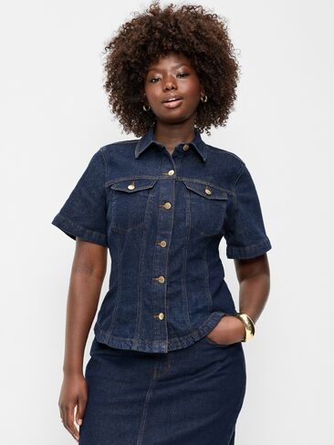 Old Navy Short-Sleeve Button-Front Denim Top - Dark Wash in Saudi Arabia