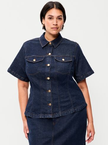Old Navy Short-Sleeve Button-Front Denim Top - Dark Wash in Saudi Arabia