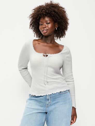Old Navy Long-Sleeve Pointelle Knit Lace-Trim Top - Make My Gray in Saudi Arabia