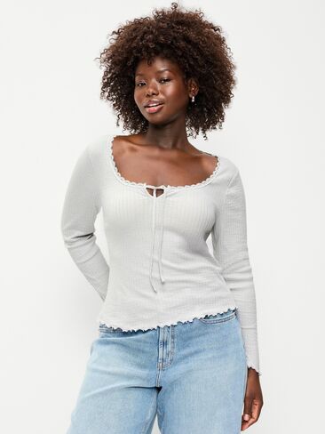 Old Navy Long-Sleeve Pointelle Knit Lace-Trim Top - Make My Gray in Saudi Arabia