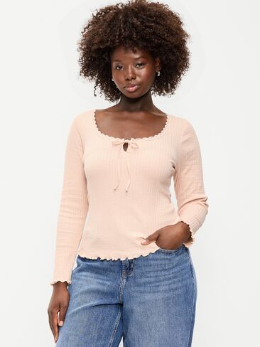 Old Navy Long-Sleeve Pointelle Knit Lace-Trim Top - Pink Bamboo in Saudi Arabia