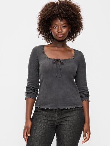 Old Navy Long-Sleeve Pointelle Knit Lace-Trim Top - Panthers Gray in Saudi Arabia