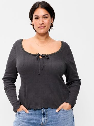 Old Navy Long-Sleeve Pointelle Knit Lace-Trim Top - Panthers Gray in Saudi Arabia