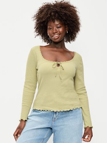 Old Navy Long-Sleeve Pointelle Knit Lace-Trim Top - Nettle in Saudi Arabia