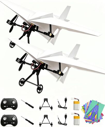 CRILEAL 2 PCS DIY RC Paper Airplane Kit with Gyro Stabilizer, Electric Remote Control Plane, Foldable Fixed Wing Aircraft, Lightweight Easy-to-Fly STEM Toy for Kids, Teens and Adults in Kuwait