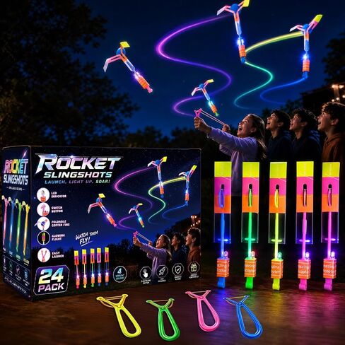 JX Rocket Slingshot Flying Toys with Led Lights,12Pcs LED Arrow Helicopters + 12Pcs Launchers,Summer Outdoor Game LED Slingshot Toy for Kids, Glow in The Dark Kids Party Supplies in Kuwait