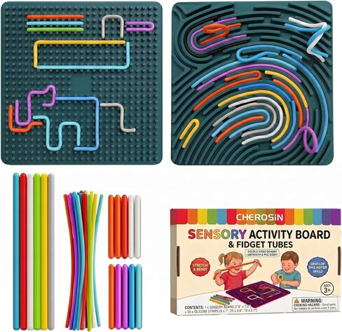 Large Sensory Activity Board, Silicone Fidget Toy for Autism, ADHD & Stress Relief, Double-Sided Quiet Montessori Fine Motor Skills Toy Gift for 3+ Kids, Adults with 36 Strips Portable Bag (Green) in Kuwait