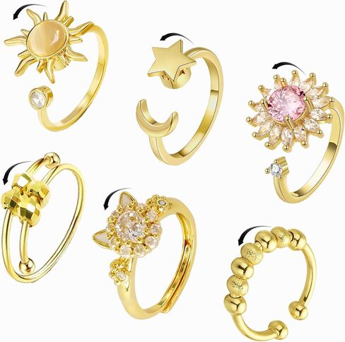 6 Pcs Fidget Anxiety Rings for Women Men Gold Adjustable Spinner Rings for Anxiety Relieving Stress Open Rotatable Cubic Zirconia Sunflower Moon Star Bead Cat Calm Rings Anti Anxiety Fidget Jewelry in Kuwait