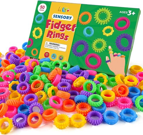 Fidget Rings Sensory Toys for Kids: 50 Pack Textured Sensory Rings - Bulk Fidgets for Classroom Prizes -Halloween Party Favors Goodie Bag Stuffers - Sensory Bin Filler for Autism Stress Relief in Kuwait
