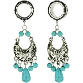 Balala 6mm-25mm Surgical Steel Turquoise Dangle Ear Gauges Piercing Flesh Tunnels Plugs Statement Earrings in Kuwait