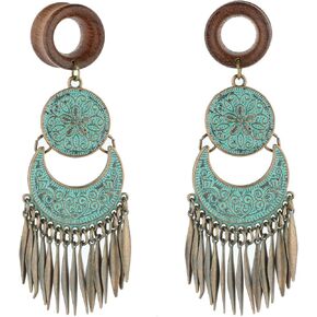 Balala 8mm-22mm Verdigris Patina Brass Wood Dangle Ear Gauges Piercing Flesh Tunnels Plugs Statement Earrings in Saudi Arabia
