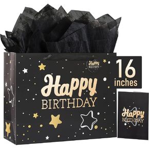 Powbrace 13" Birthday Gift Bag with Tissue Paper & Card(1 Pack Black Gold) in Kuwait