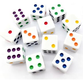 Ahoper 12 Pieces 16mm Standard Dice White with Multi-Color Pips Sided D6 Multicolor Pip Square Edge Dices for Table Board Games in Kuwait