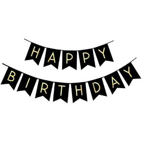 Fecedy Black Happy Birthday Bunting Banner with Shiny Gold Letters Pre-Strung No DIY for Birthday Party Decorations (Black) in Saudi Arabia