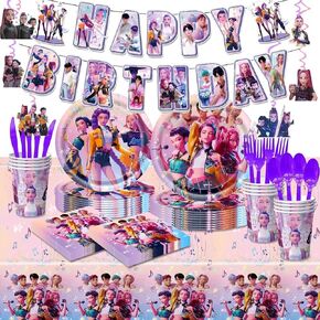 118 Psc For K Pop Demon Birthday Party Supplies Set, Demon Theme, Plates, Cups, Utensils, Napkins, Tablecloth in Kuwait