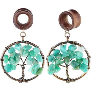 Natural Amazonite Tree of Life Wood Dangle Ear Gauges Piercing Flesh Tunnels Plugs Stretching Kit Expander Statement Earrings in Saudi Arabia