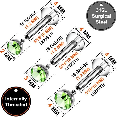 3PCS Steel Internally Labret Studs 16g 1.2mm 5/16 8mm 2mm 3mm 4mm Crystal Monroe Tragus Earrings Piercing Jewelry Pick Color in Saudi Arabia