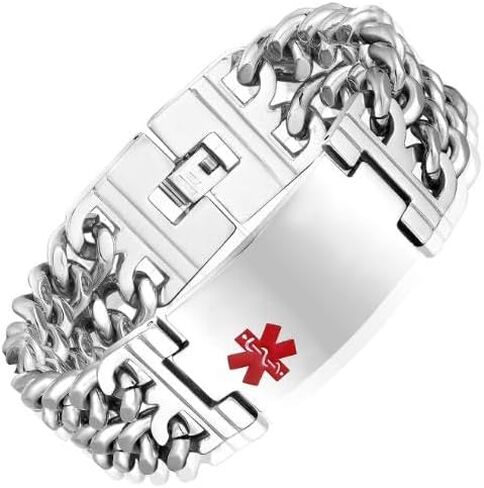 DIB Free Engraving Wide Large Stainless Steel Medical Alert ID Bracelets Men Silver, Wrist Link Chain 8.9"/8.3" in Kuwait