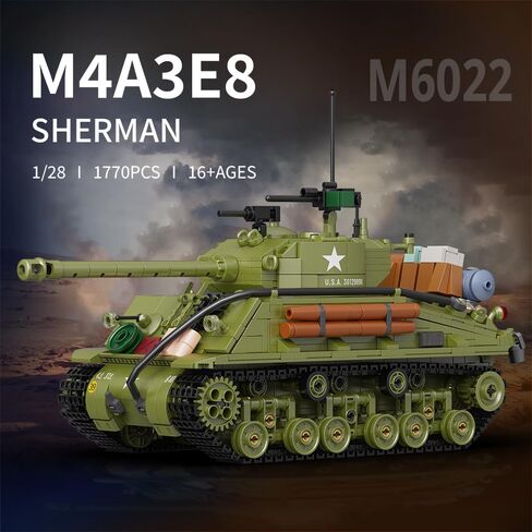 MISINI M6022 WW2 US Army M4A3E8 Sherman Tank Building Brick Set,1771 PCS MOC 1:28 Military Series M4 Medium Main Battle Infantry Tank, Adult Building, Collection, Display Model Toy, Gift in Kuwait