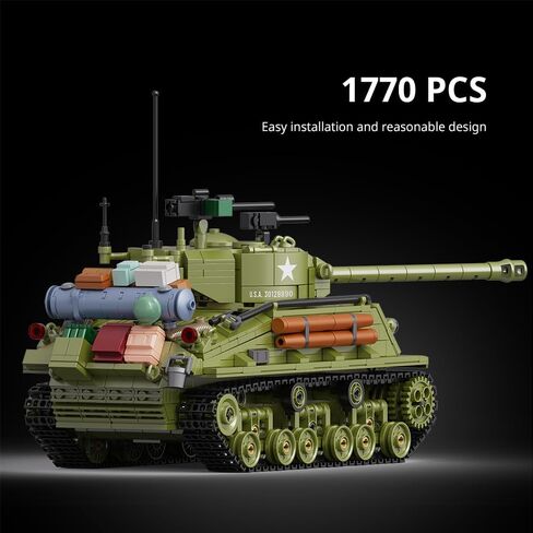 MISINI M6022 WW2 US Army M4A3E8 Sherman Tank Building Brick Set,1771 PCS MOC 1:28 Military Series M4 Medium Main Battle Infantry Tank, Adult Building, Collection, Display Model Toy, Gift in Kuwait