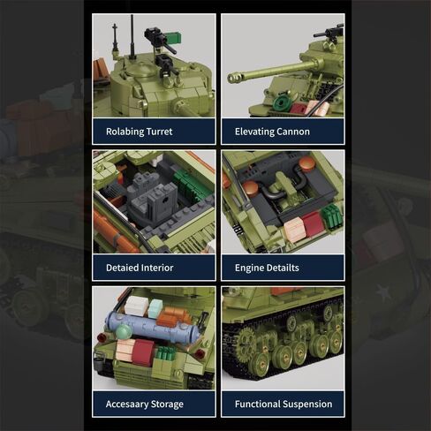 MISINI M6022 WW2 US Army M4A3E8 Sherman Tank Building Brick Set,1771 PCS MOC 1:28 Military Series M4 Medium Main Battle Infantry Tank, Adult Building, Collection, Display Model Toy, Gift in Kuwait
