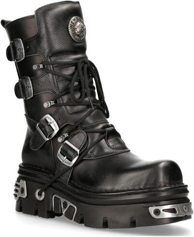 New Rock 373-S4 Metallic Black Leather Men's Gothic Mid Calf Punk Goth Boots with Lace up and Buckle Fastening in Saudi Arabia