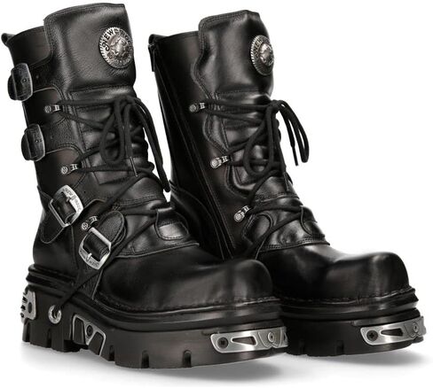 New Rock 373-S4 Metallic Black Leather Men's Gothic Mid Calf Punk Goth Boots with Lace up and Buckle Fastening in Saudi Arabia