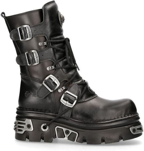 New Rock 373-S4 Metallic Black Leather Men's Gothic Mid Calf Punk Goth Boots with Lace up and Buckle Fastening in Saudi Arabia