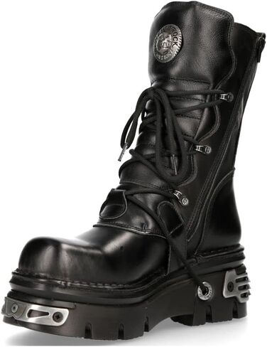 New Rock 373-S4 Metallic Black Leather Men's Gothic Mid Calf Punk Goth Boots with Lace up and Buckle Fastening in Saudi Arabia